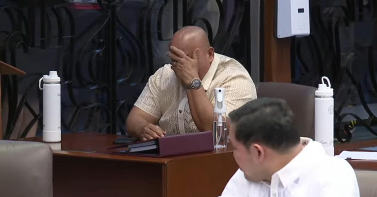 Senator Ronald "Bato" dela Rosa cries as he listens to Senate President Juan Miguel "Migz" Zubiri's speech thanking his colleagues for their support to his leadership. (May 20, 2024, Screengrabbed from Senate YouTube channel)