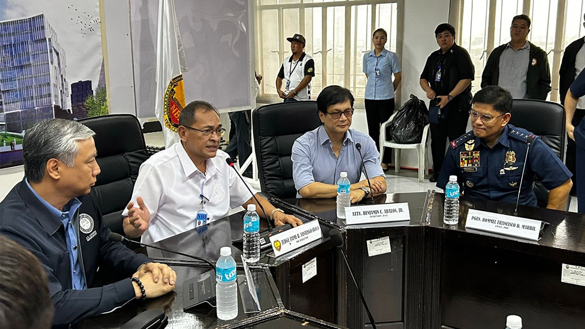 (from left) Justice Undesecretary Jesse Hermogenes Andres, NBI Director Jaime Santiago, DILG Secretary Benjamin Abalos and PNP Chief Rommel Francisco Marbil discussing the analysis result on video allegedly that of the President.