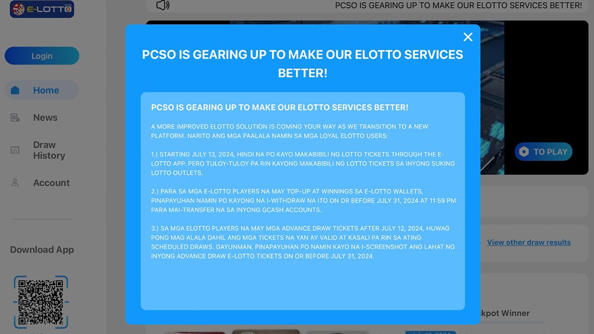 PCSO e-lotto app inaccessible starting July 13