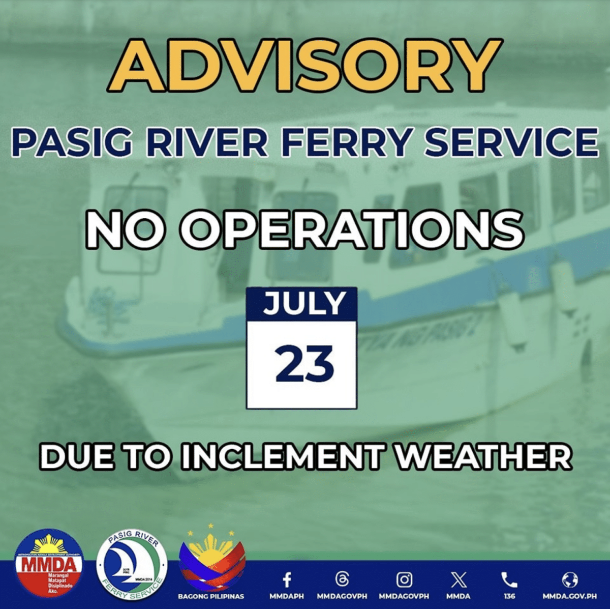 MMDA halts operations of Pasig River Ferry due to bad weather