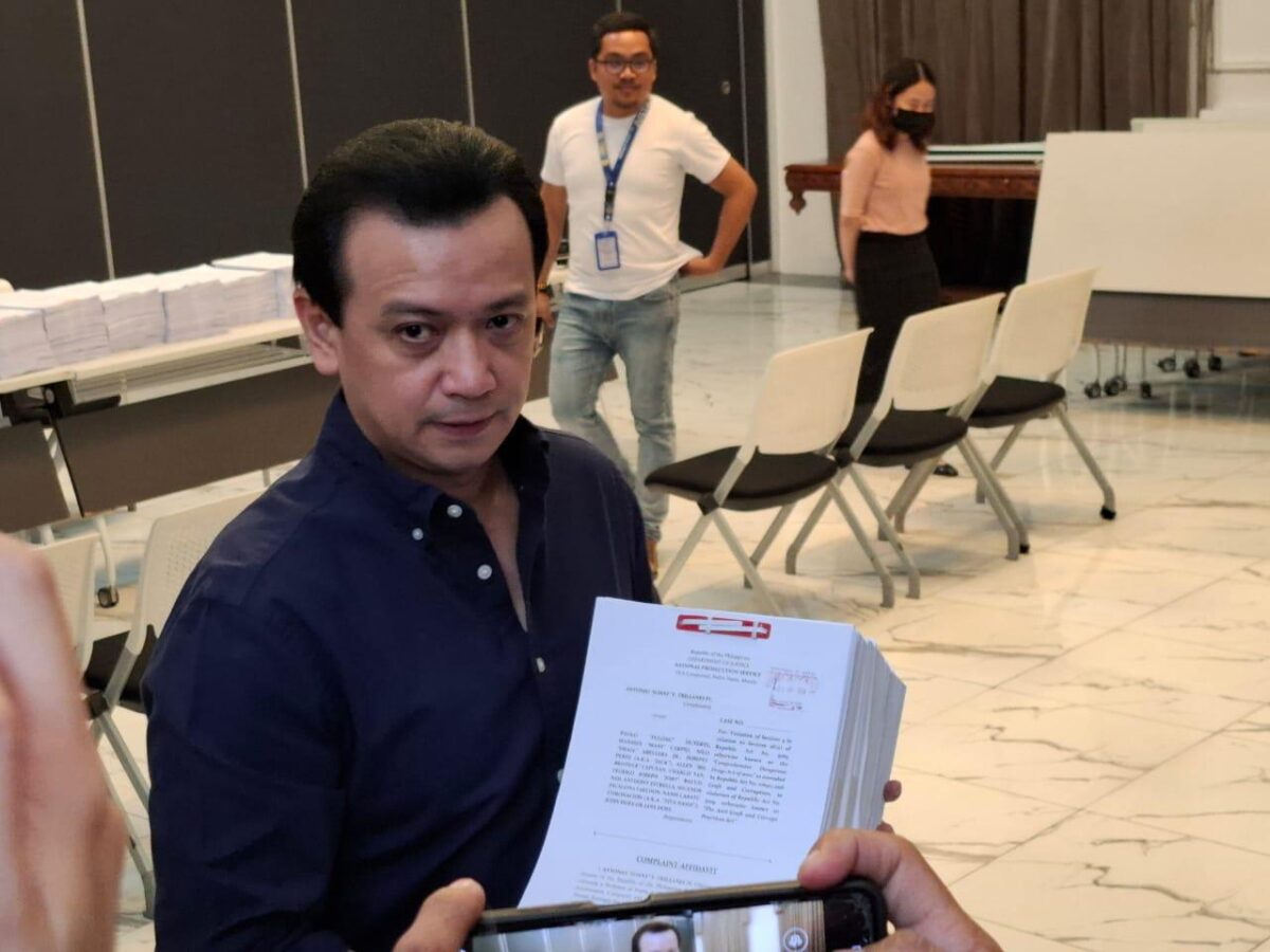 Former Senator Antonio Trillanes files a case of drug smuggling against Davao City First District Representative Paolo Duterte, Vice President Sara Duterte's husband Mans Carpio and other respondents at the Department of Justice on Wednesday, July 31, 2024. 