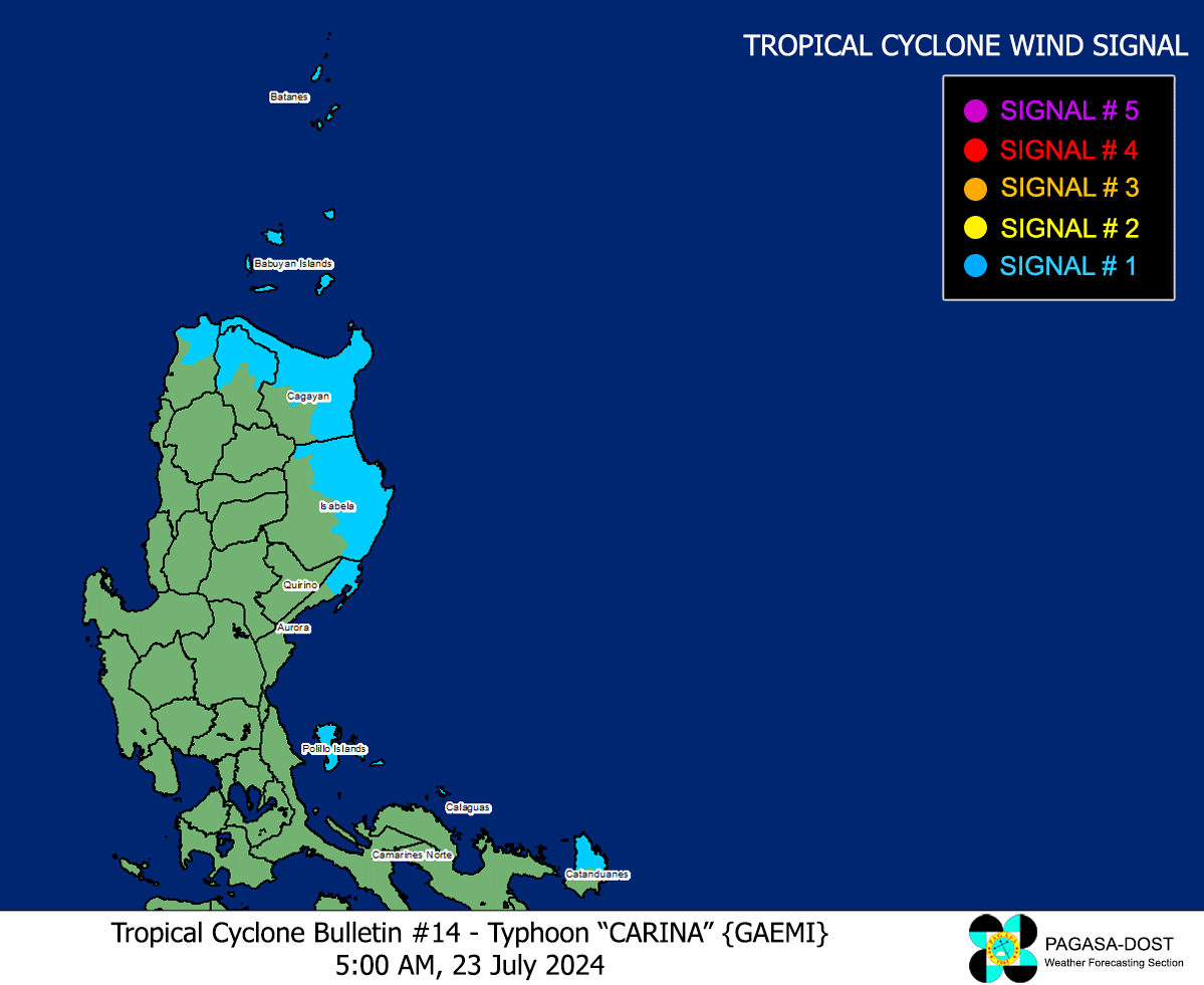 Pagasa: Sigbal no. 1 in 10 areas due to typhoon Carina