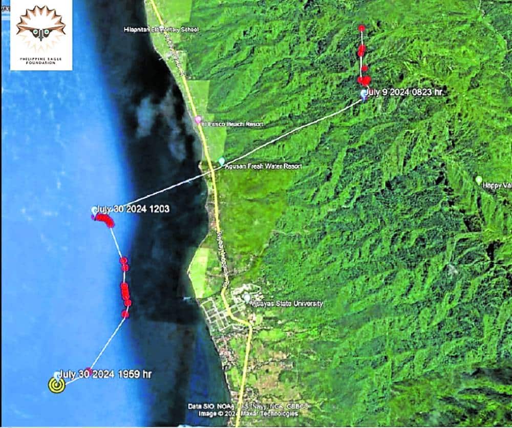 Uswag’s location after he crashed into the sea off Baybay City in Leyte on July 30. 