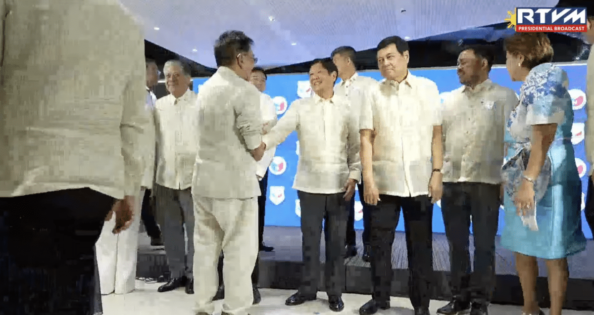 President Ferdinand Marcos Jr. (center) leads the signing of an alliance between the Partido Federal ng Pilipinas and the Nacionalista Party on Thursday, August 8, 2024. Beside the chief executive is former Senate President and NP President Manny Villar (third from right) | Photo screengrabbed from RTVM.