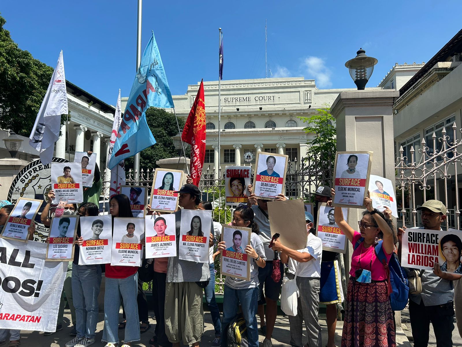 Members of human rights watchdog Karapatan stage a protest in front of the Supreme Court building in Manila on August 30, 2024, in observance of the International Day of the Disappeared. 