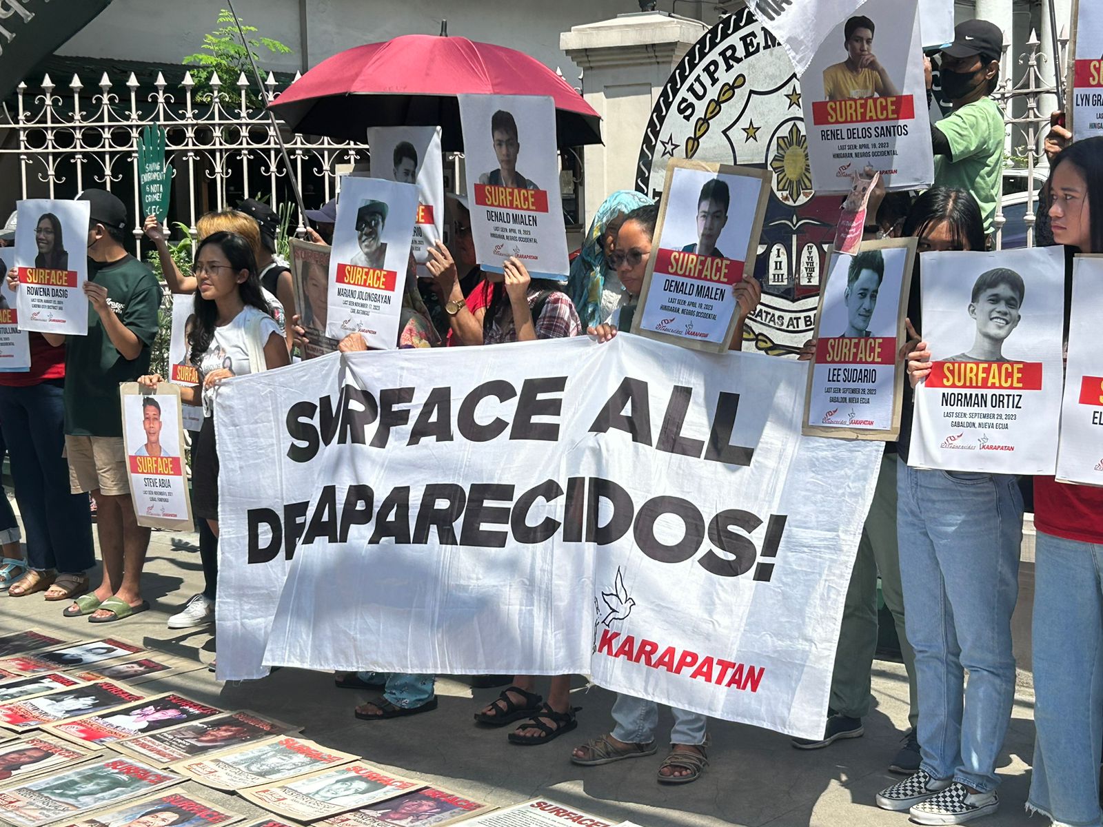 Members of human rights watchdog Karapatan stage a protest in front of the Supreme Court building in Manila on August 30, 2024, in observance of the International Day of the Disappeared. activist