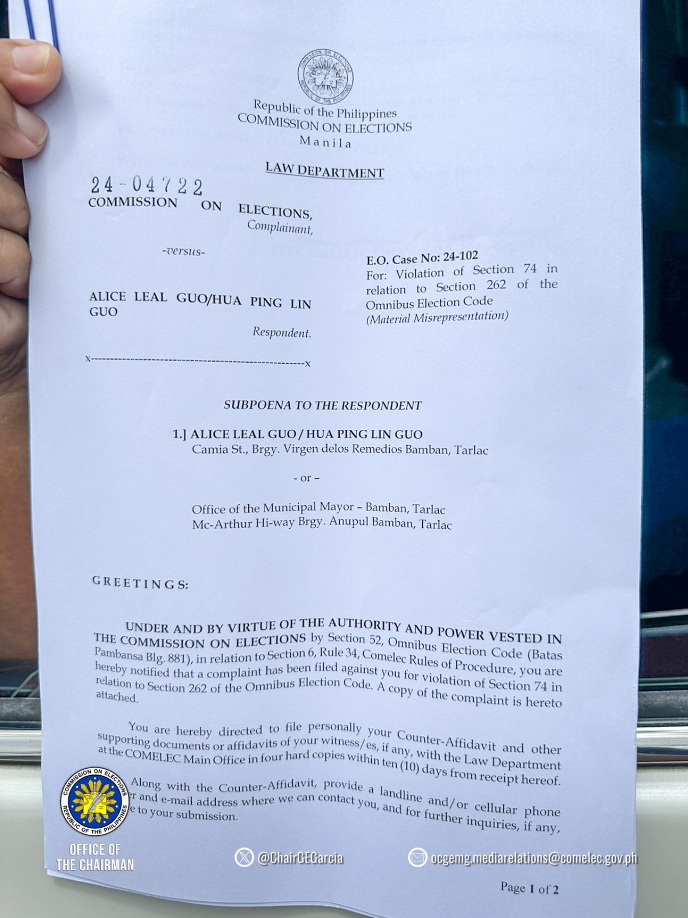 Comelec issues subpoena vs Alice Guo for material representation