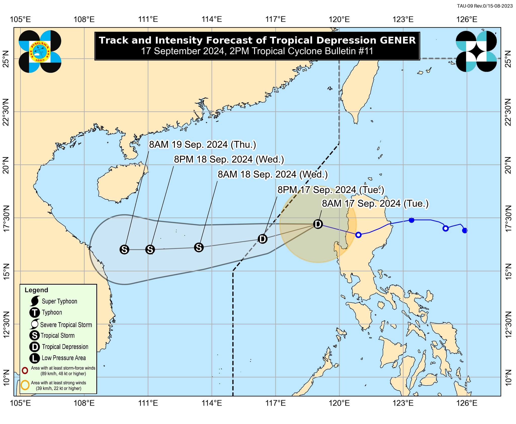 Tropical Depression Gener slightly intensified as it reached the West Philippine Sea region on Tuesday afternoon, according to the state weather bureau. 