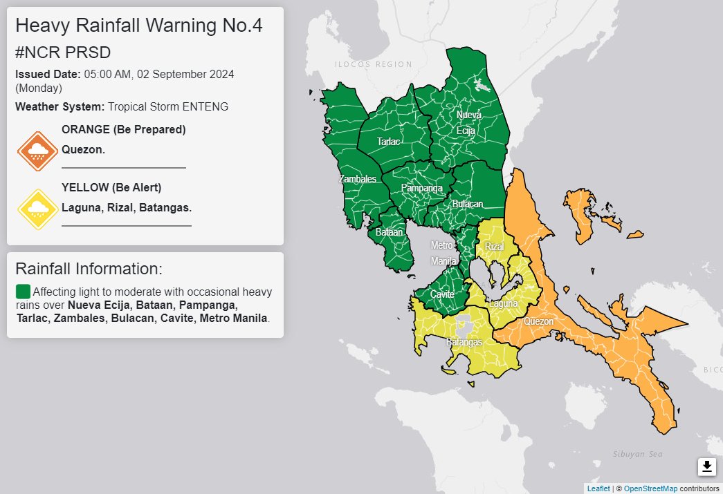 PAgasa's 5 a.m. Heavy Rainfall Warning (No. 4) reported that Tropical Storm Enteng will bring heavy rainfall in several areas of Luzon