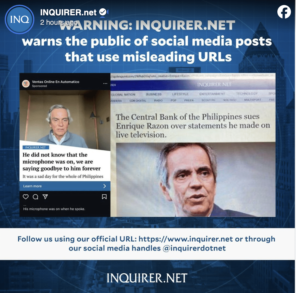 INQUIRER.net is warning the public of articles and social media posts using its name to spread fake information and misleading URLs.