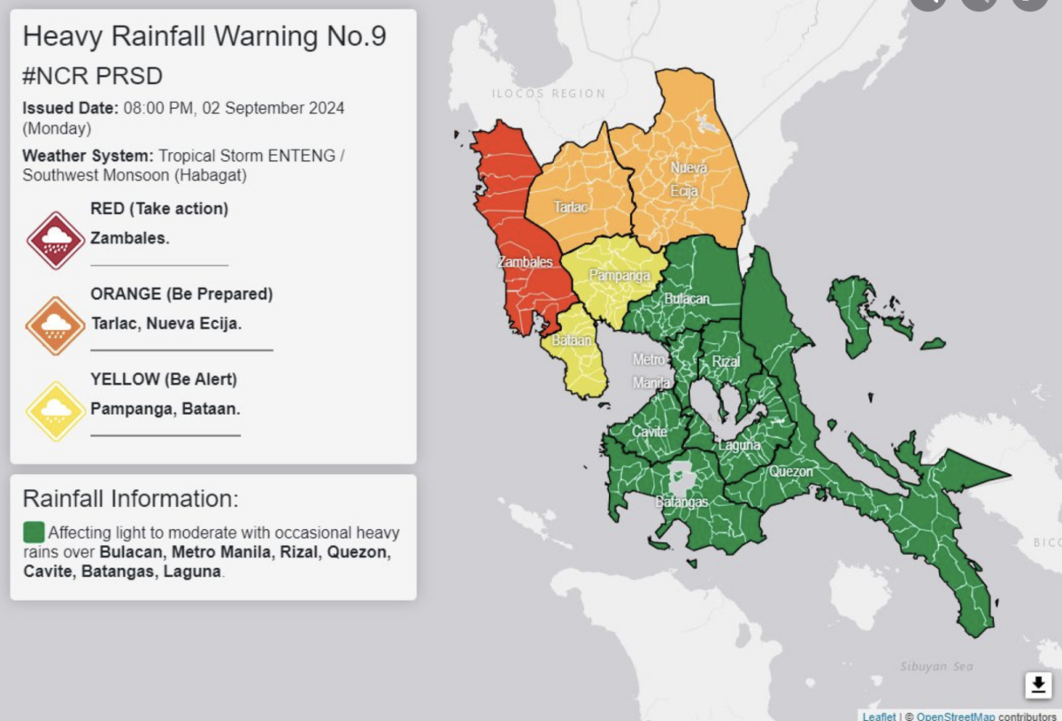 Zambales and some areas in Luzon were placed under red, orange, and yellow warnings on Monday evening due to inclement weather caused by Tropical Storm Enteng (international name: Yagi), according to the state weather service.