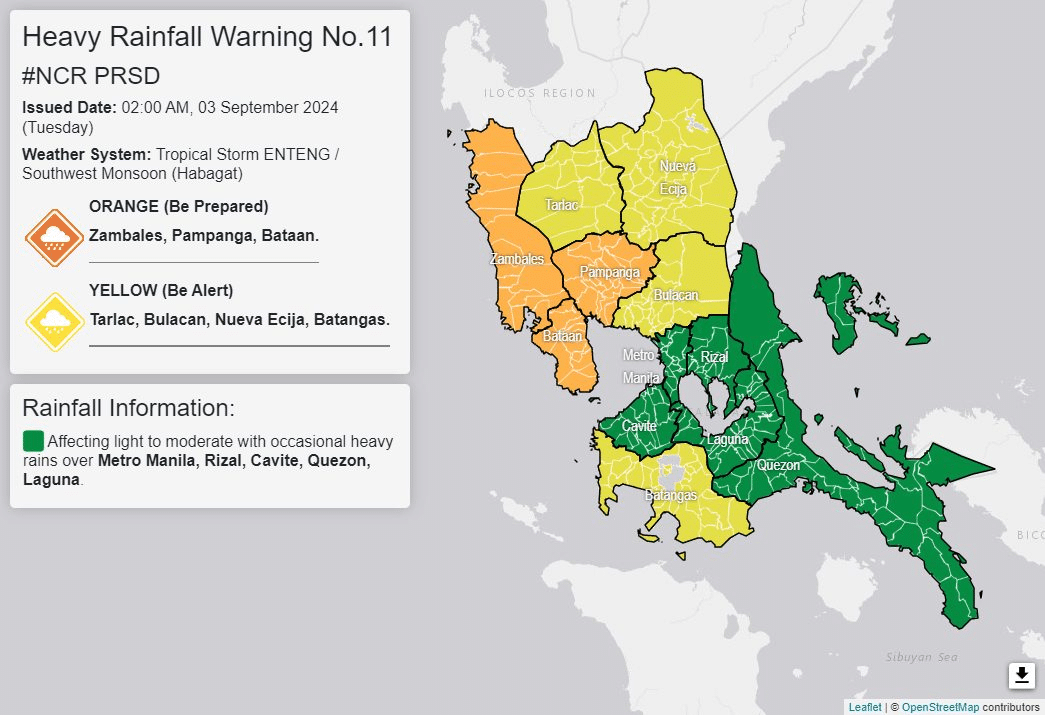 Pagasa releases heavy rainfall warning No. 11 at 2 a.m. Sept. 3