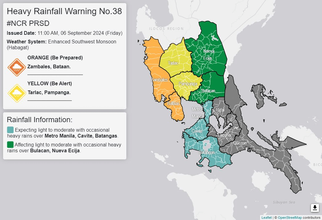 The Philippine Atmospheric, Geophysical and Astronomical Services Administration (Pagasa) issues the 11 a.m. rainfall advisory on Friday, September 6, 2024. (Photo from Pagasa/Facebook)