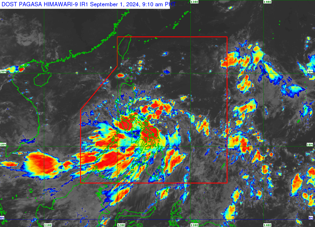 The Philippine Atmospheric, Geophysical and Astronomical Services Administration says the low pressure area located east of Eastern Visayas developed into tropical depression Enteng as of 8 a.m. on September 1, 2024. (Satellite photo courtesy of Pagasa)