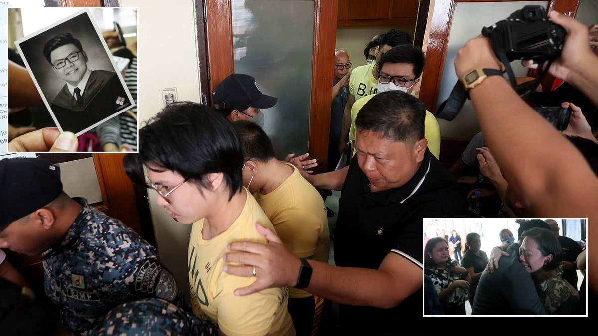 GUILTY A Manila judge finds 10 members of the Aegis Juris fraternity guilty of violating the antihazing law over the death of University of Santo Tomas law freshman Horacio “Atio” Castillo III (left inset) in 2017. Some of the convicts (in yellow) are seen here being led out of the courtroom. The victim’s mother, Carmina, and other loved ones break down in tears (right). —MARIANNE BERMUDEZ