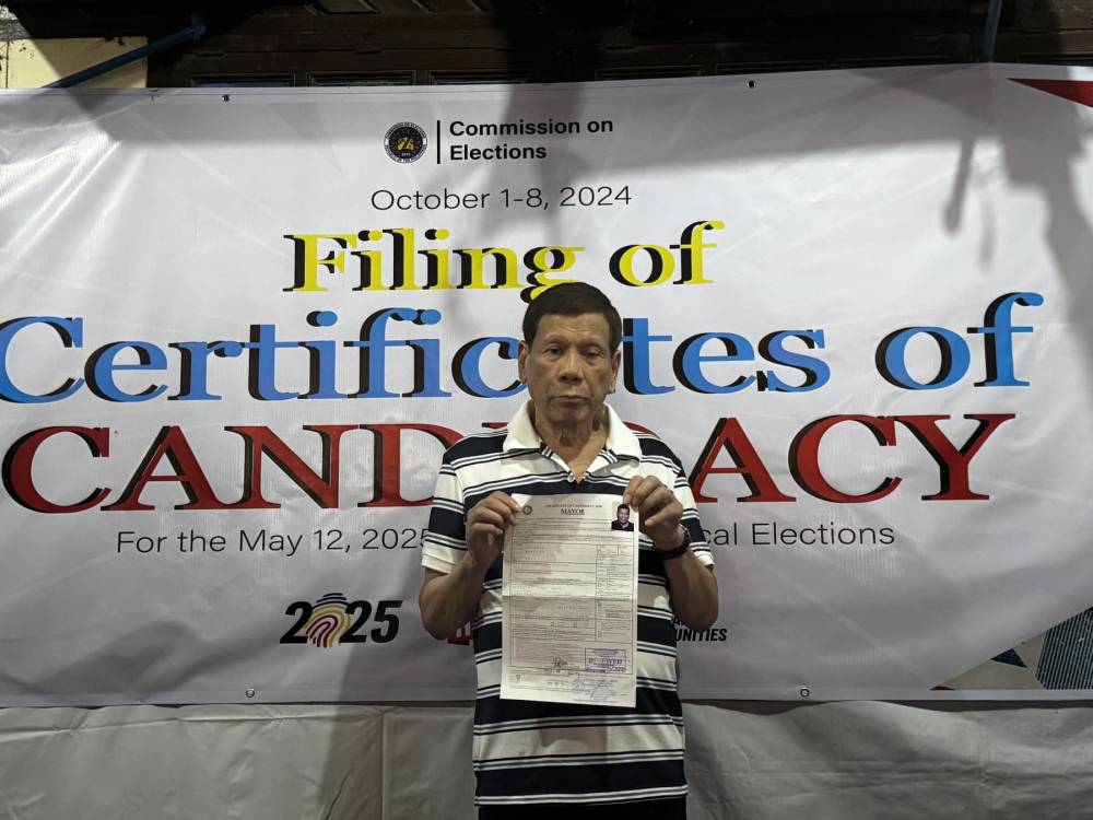 Former President Rodrigo Duterte has filed his certificate of candidacy to run for mayor of Davao City.Photo from Senator Bong Go FB page 