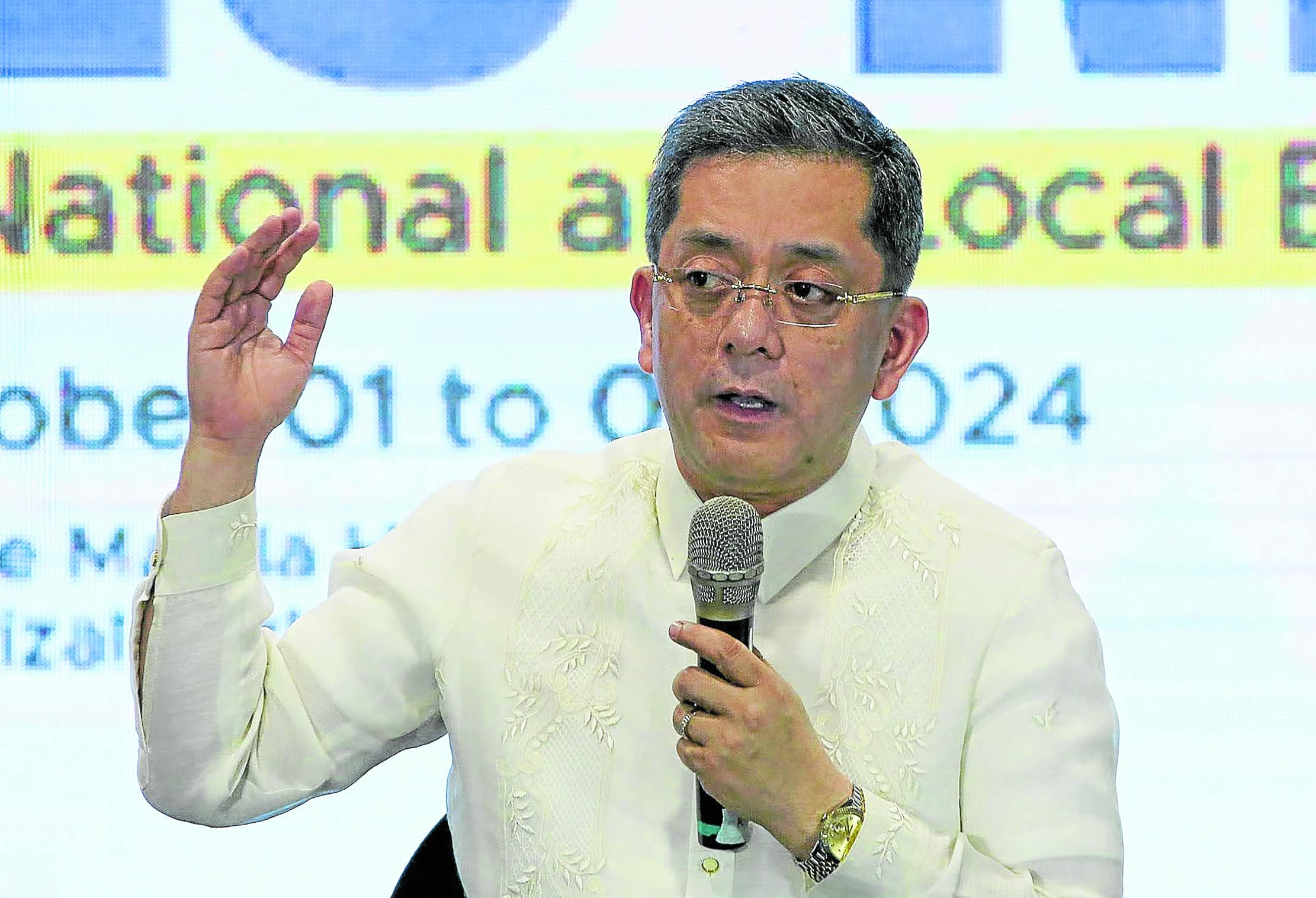 Poll Chair George Erwin Garcia during briefing after the first day of filing for the 2025 midterm polls at the Manila Hotel Tent City in Manila.