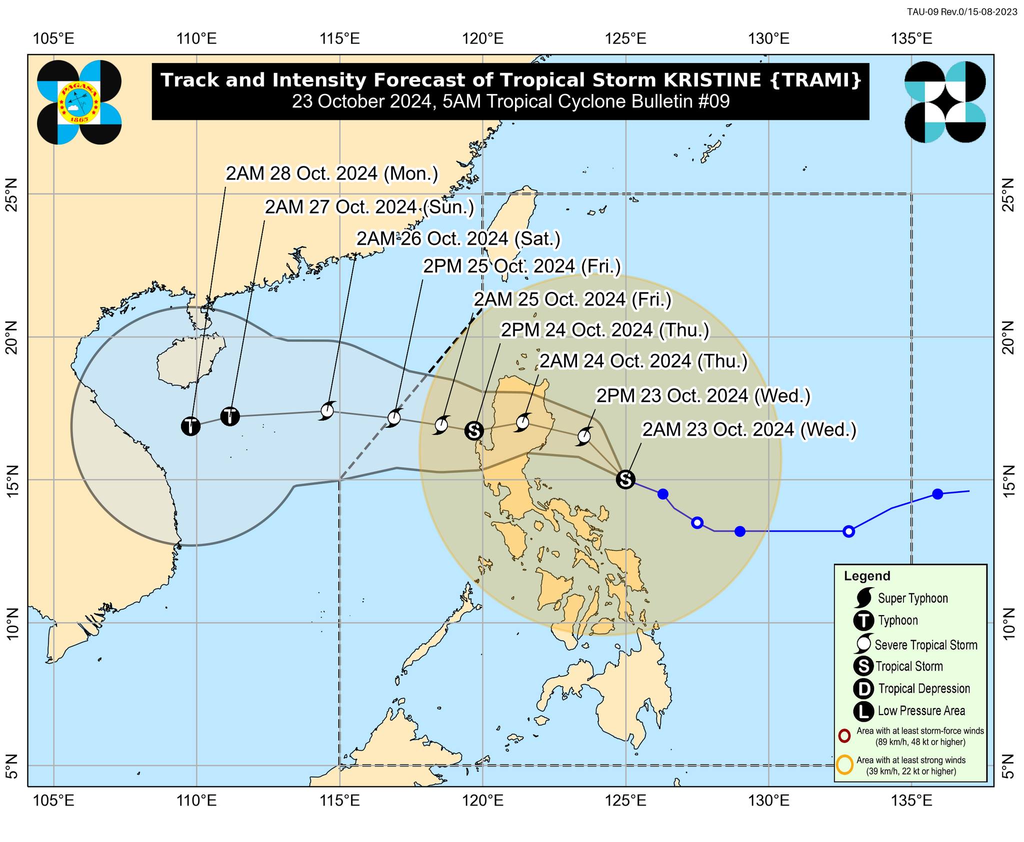 Tropical storm Kristine is forecast to move northwestward over the next 24 hours, before shifting westward for the remainder of the forecast period. The storm is expected to make landfall over Isabela or northern Aurora either Wednesday evening or Thursday morning, according to state meteorologists. Track forecast courtesy of DOST / Pagasa