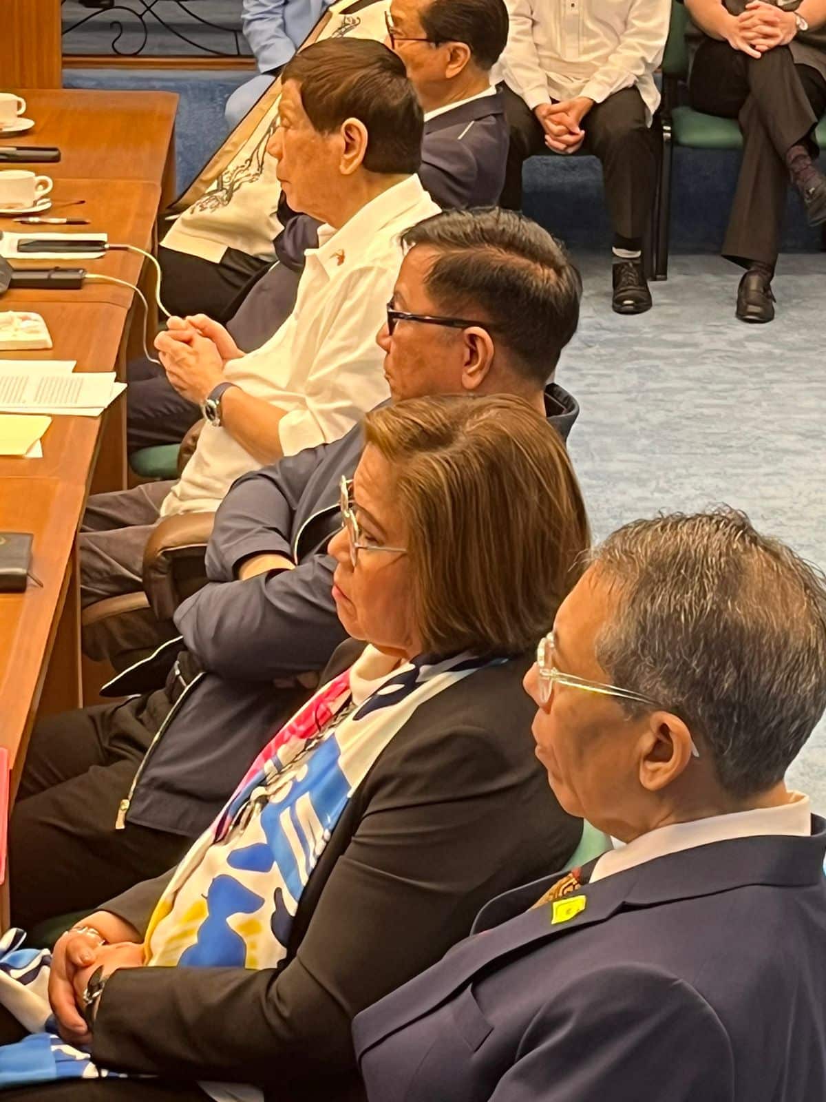 Former Pres. Rodrigo Duterte (wearing Barong) is seated near former Senator Leila de Lima (second from right) during the hearing of the Senate on extra-judicial killings on Oct. 28, 2024. (Photo from JAN ESCOSIO / INQUIRER.net)