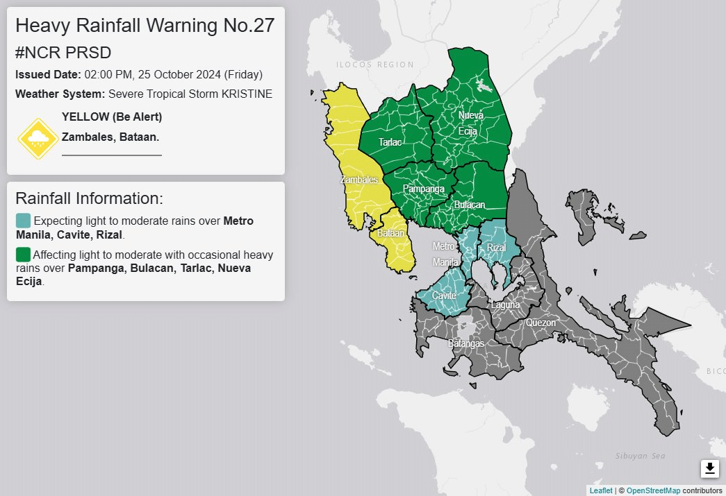 Heavy rainfall warning issued at 2 p.m. on Friday, October 25, 2024 by the Philippine Atmospheric, Geophysical and Astronomical Services Administration (Pagasa).