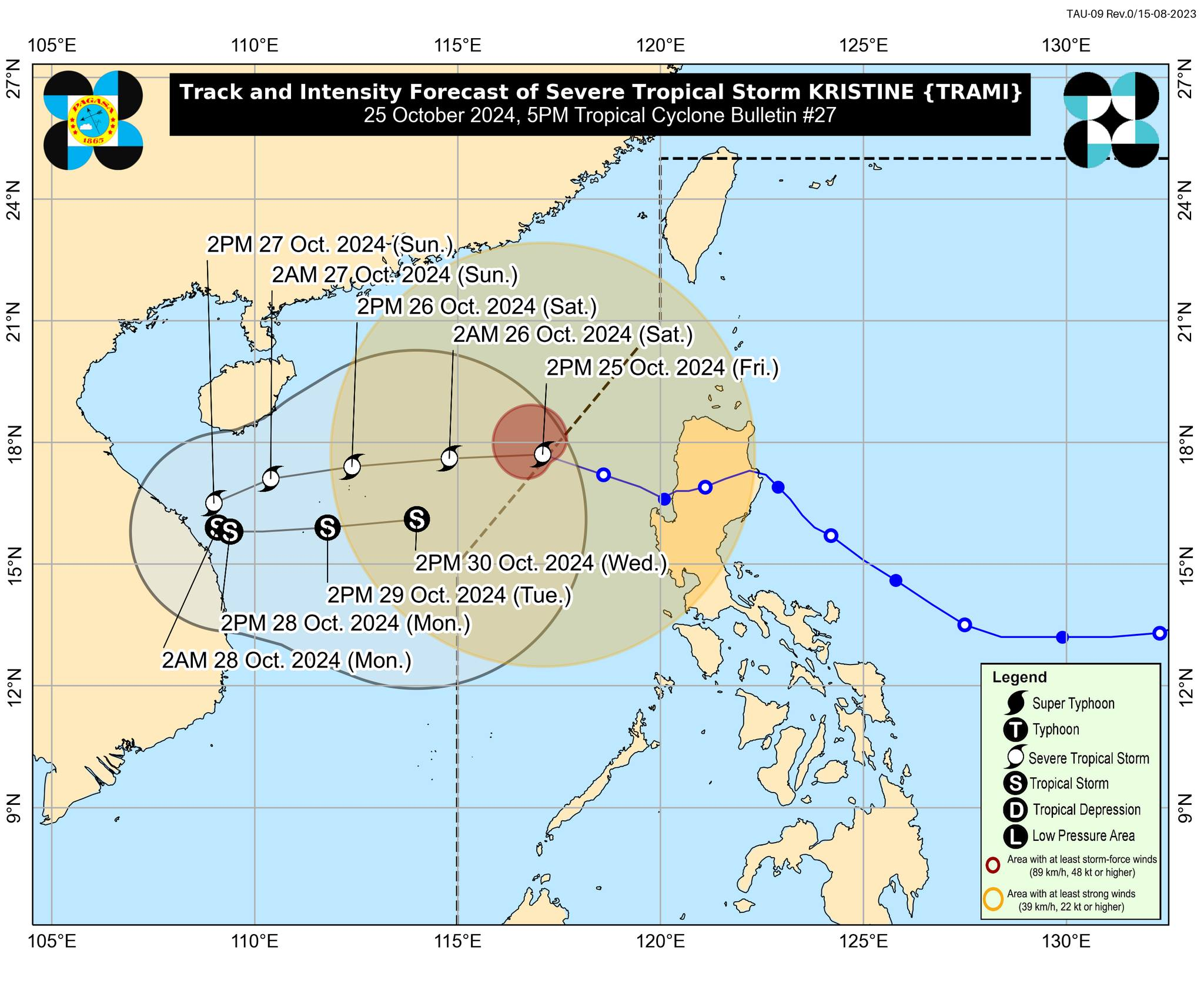 Track and Intensity Forecast of Severe Tropical Storm Kristine as of 5 p.m., Friday, October 25. (Photo from Pagasa/Facebook)