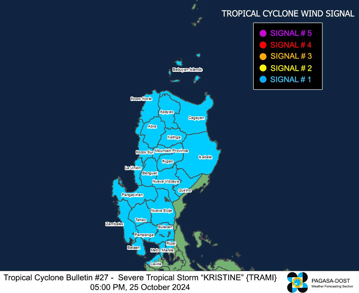 Tropical Cyclone Bulletin for Severe Tropical Storm Kristine issued on 5 p.m., Friday, October 25 by the Philippine Atmospheric, Geophysical and Astronomical Services Administration (Pagasa). (Photo from Pagasa/Facebook)