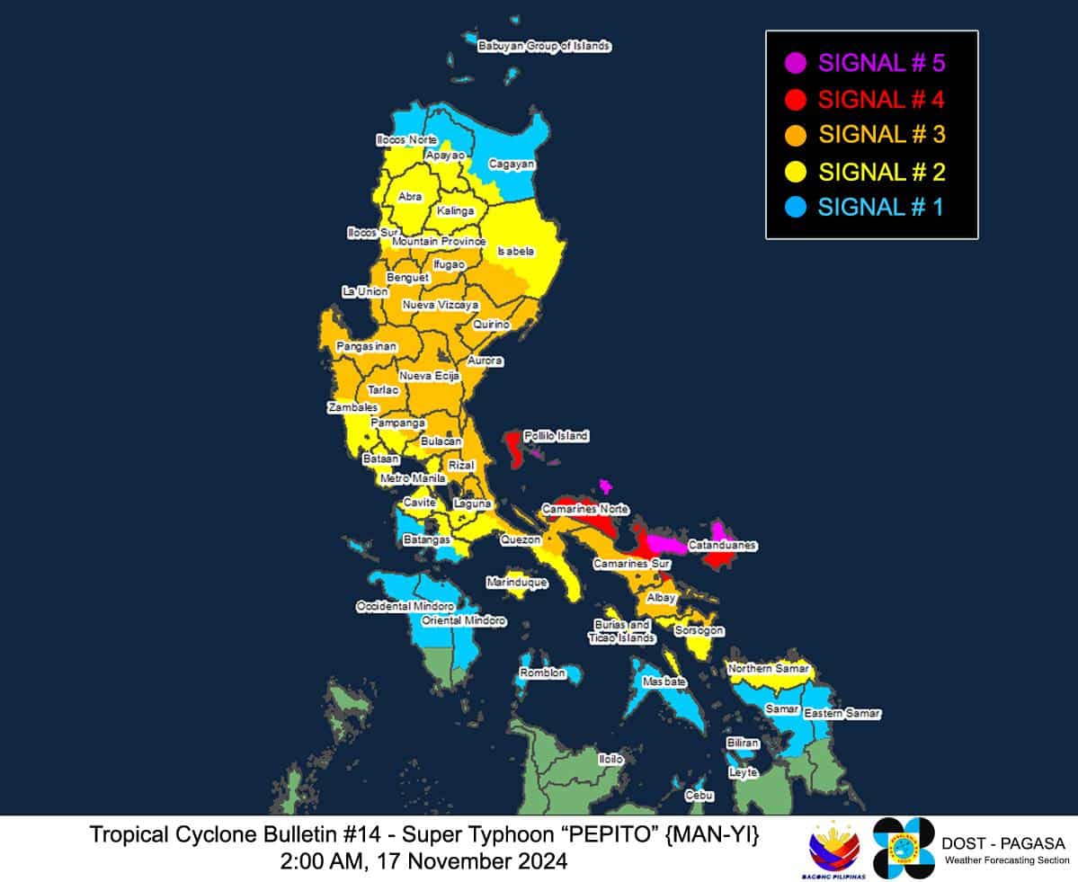 Signal No. 5 hoisted over Calaguas islands, eastern portion of Polillo