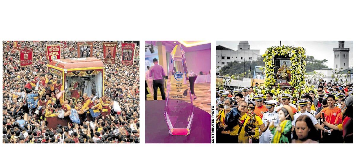 ‘PHOTOS TELLING STORIES’ Richard A. Reyes’ Jan. 9 photograph of the Black Nazarene procession (left), which won himthe silver award (middle) for best newsphotography at the Asian Media Awards; Ian Paul Cordero’s Jan. 26 photograph of the Sto. Niño procession in Iloilo City’s Dinagyang Festival for which he won best news photograph at the Catholic Mass Media Awards.