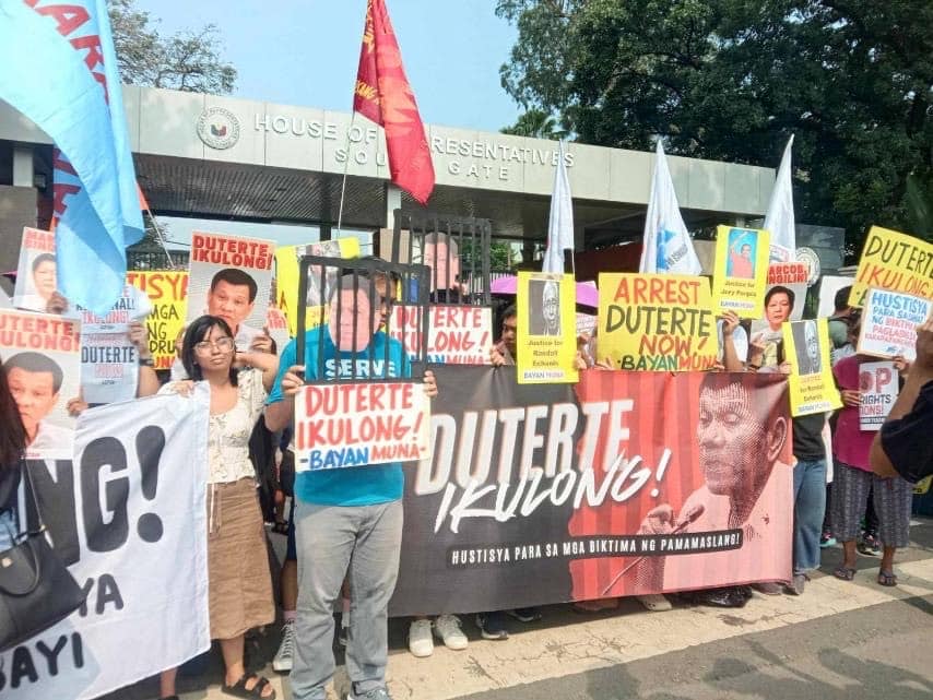 Members of Bayan hold a protest in front of the House of Representatives, Quezon City, calling for justice for victims of Duterte's Tokhang and EJK. (Photo courtesy of Bayan Muna Partylist)