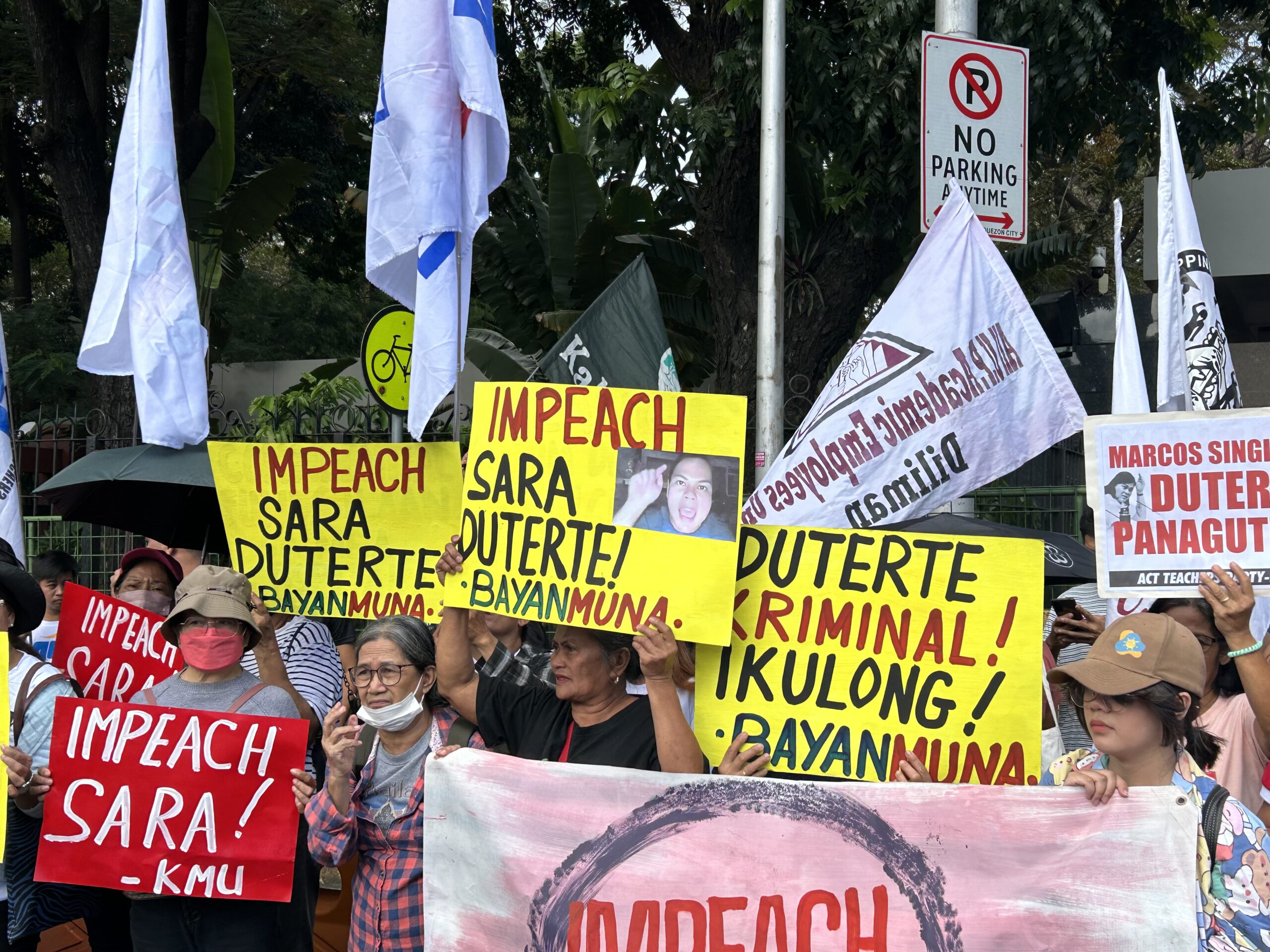  Members of Makabayan Coalition holds a protest on November 25, 2024, calling for the impeachment of Vice President Sara Duterte in front of the House of Representatives south gate. INQUIRER.net / Faith Argosino 