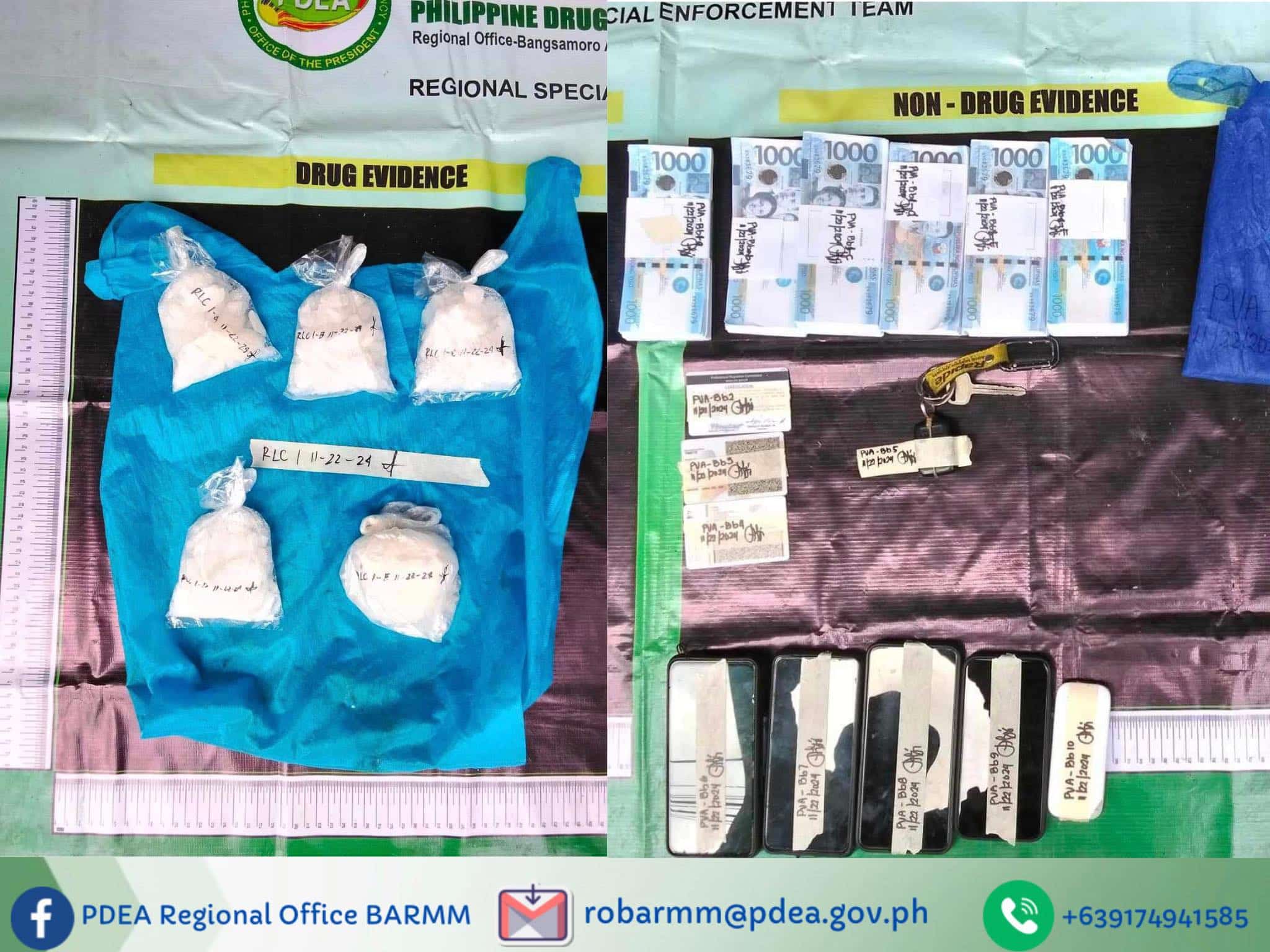 Anti-narcotics agents account the illegal stuff seized during drug buy bust in Marawi City on Friday that led to the arrest of five suspects (seated) and the confiscation of P3.4 million worth of shabu.