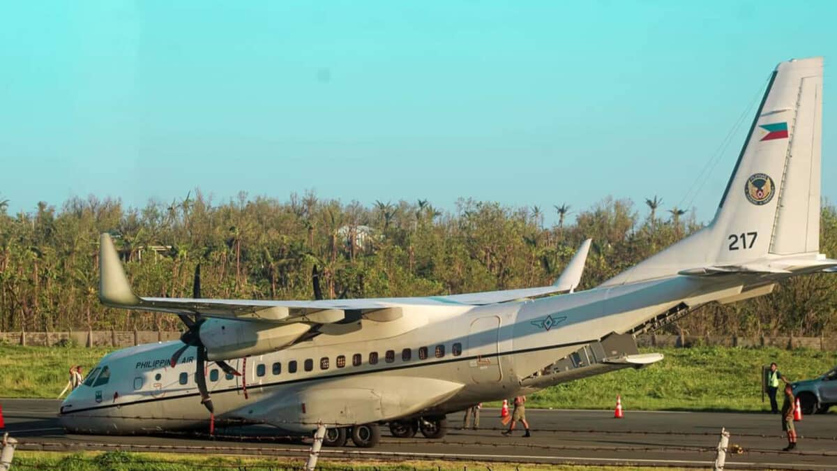 UNDER PROBE. The Philippine Air Force (PAF) Airbus C-295 that skidded off the runway of the Basco Airport in Batanes on Friday (Nov. 1, 2024). The PAF said it is investigating the incident but assured that relief operations in the province and other areas severely affected by recent weather disturbances will continue. (Photo courtesy of Batanes Provincial Police Office)