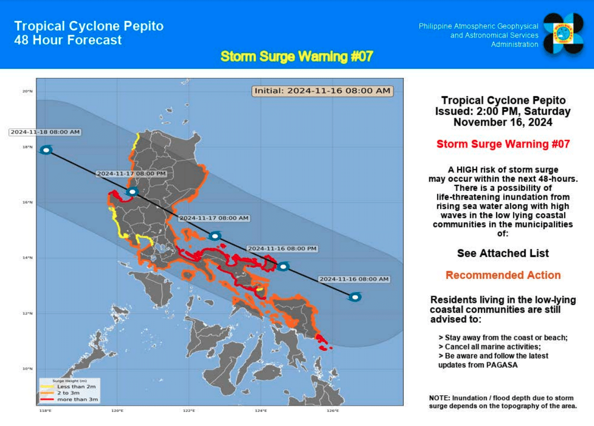 The Philippine Atmospheric, Geophysical and Astronomical Services Administration (Pagasa) on Saturday warned of a high risk of storm surge that may occur within the next 48 hours in some areas in Luzon and Visayas due to Super Typhoon Pepito (international name: Man-yi).