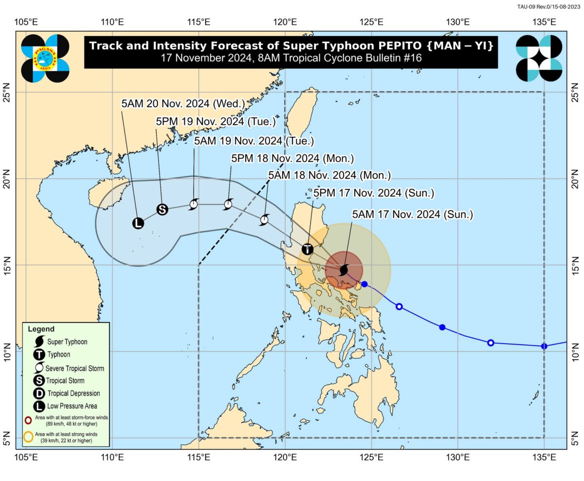 (Track and intensity of Super Typhoon Pepito on Sunday morning, Nov. 17, 2024 from Pagasa)