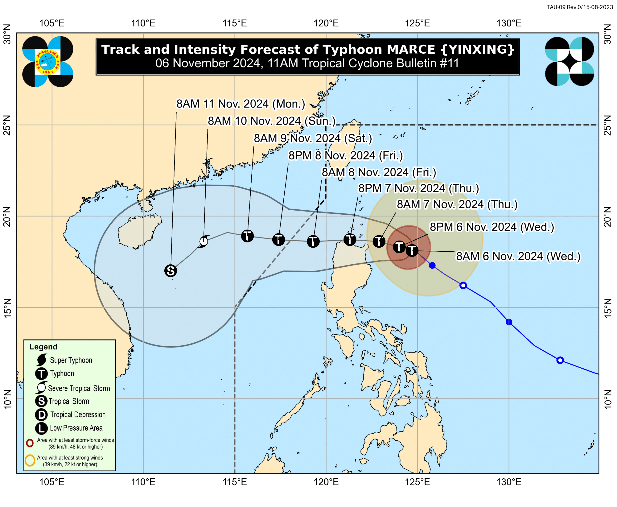 Typhoon Marce's track forecast as of 11 a.m., Wednesday, November 6. Courtesy of DOST / Pagasa