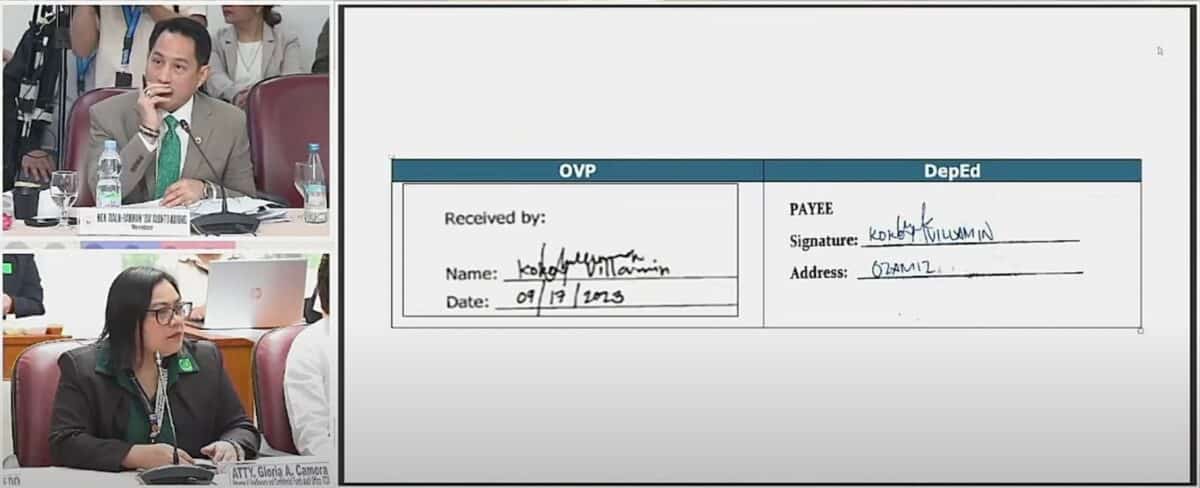 Lanao del Sur Rep. Zia Alonto Adiong (top) asks COA audit team leader Atty. Gloria Camora about a certain Kokoy Villamin who received confidential expenditures from OVP and DepEd. Adiong noted that while it seems the same person signed the acknowledgement receipts, there were two different signatures.(Screenshot taken from the House of Representatives livestream)