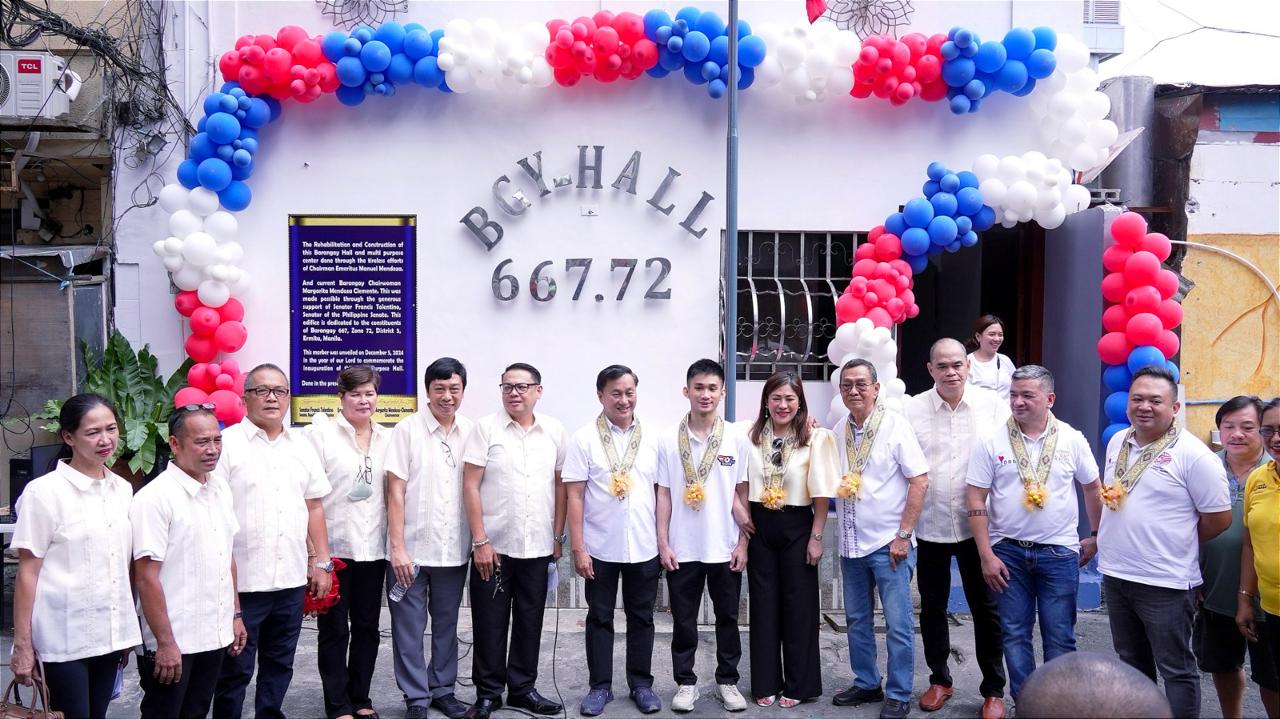 Senate Majority Leader Francis 'TOL' Tolentino poses with officials of Barangay 667 in Ermita, Manila, in front of their refurbished barangay hall and multi-purpose center. (November 30, 2024)