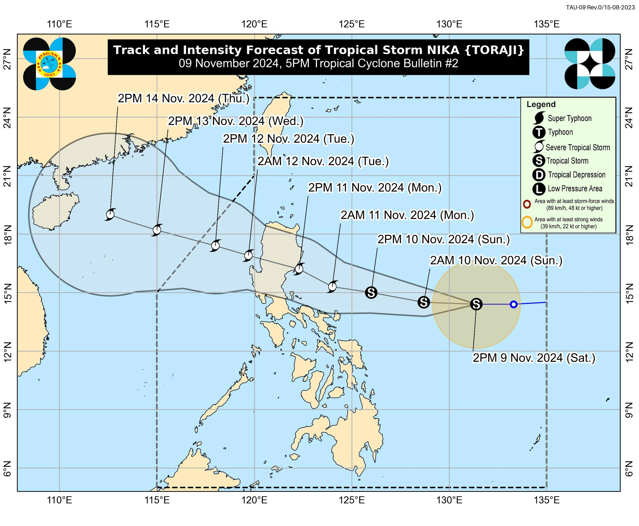 Track intensity and forecast of Tropical Storm Nika (international name: Toraji) as of 5 p.m. on Saturday, November 9, 2024.