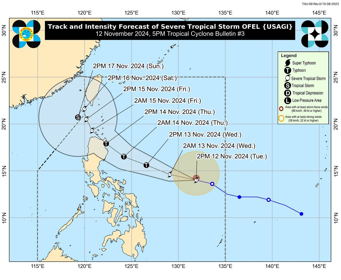 Track and intensity forecast of Severe Tropical Storm Ofel as of 5 p.m., Tuesday, November 12. (Photo by Pagasa/Facebook)