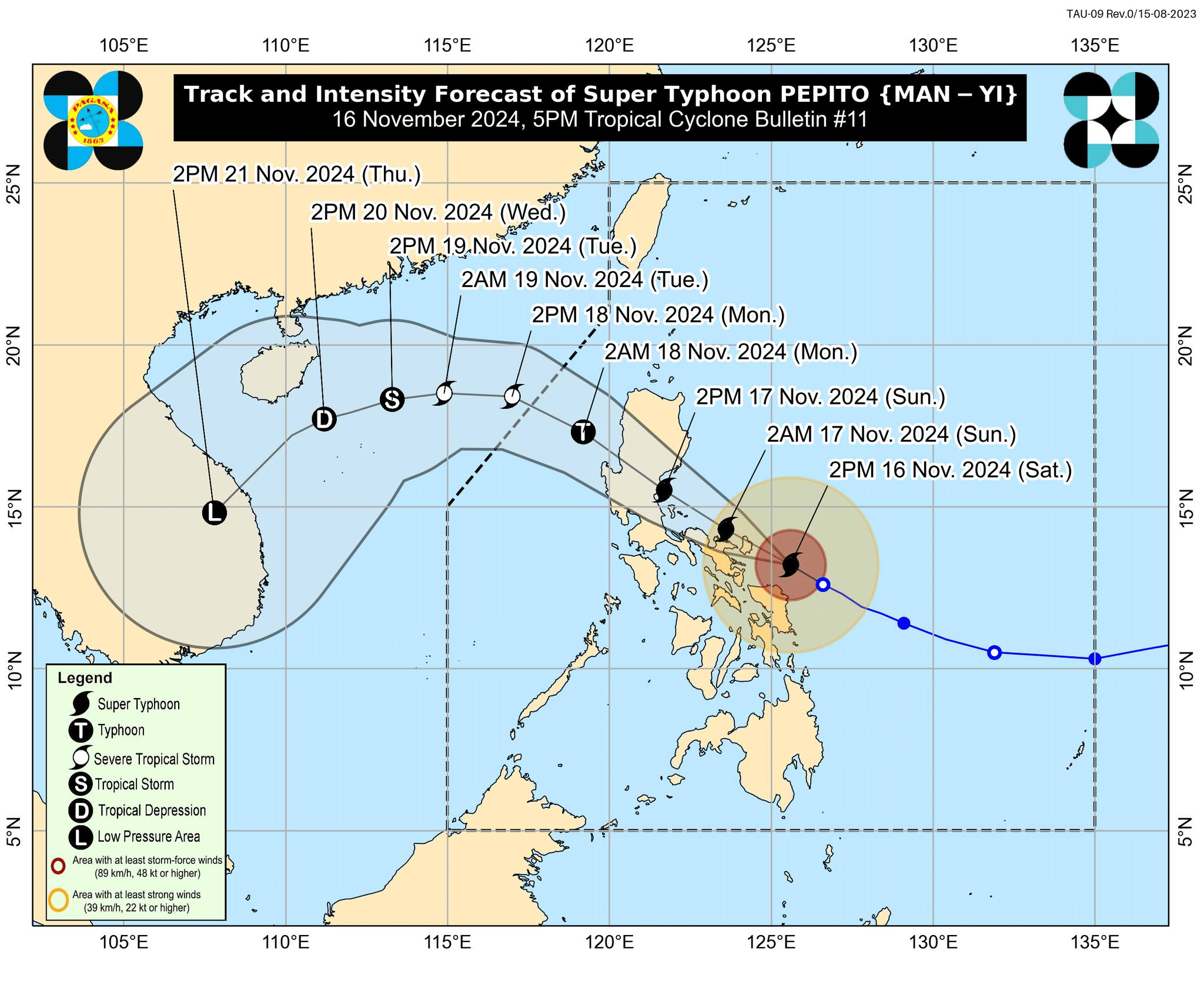 Track and intensity forecast of Super Typhoon Pepito (international name: Man-yi) as of 5 p.m., Saturday, November 16, 2024 