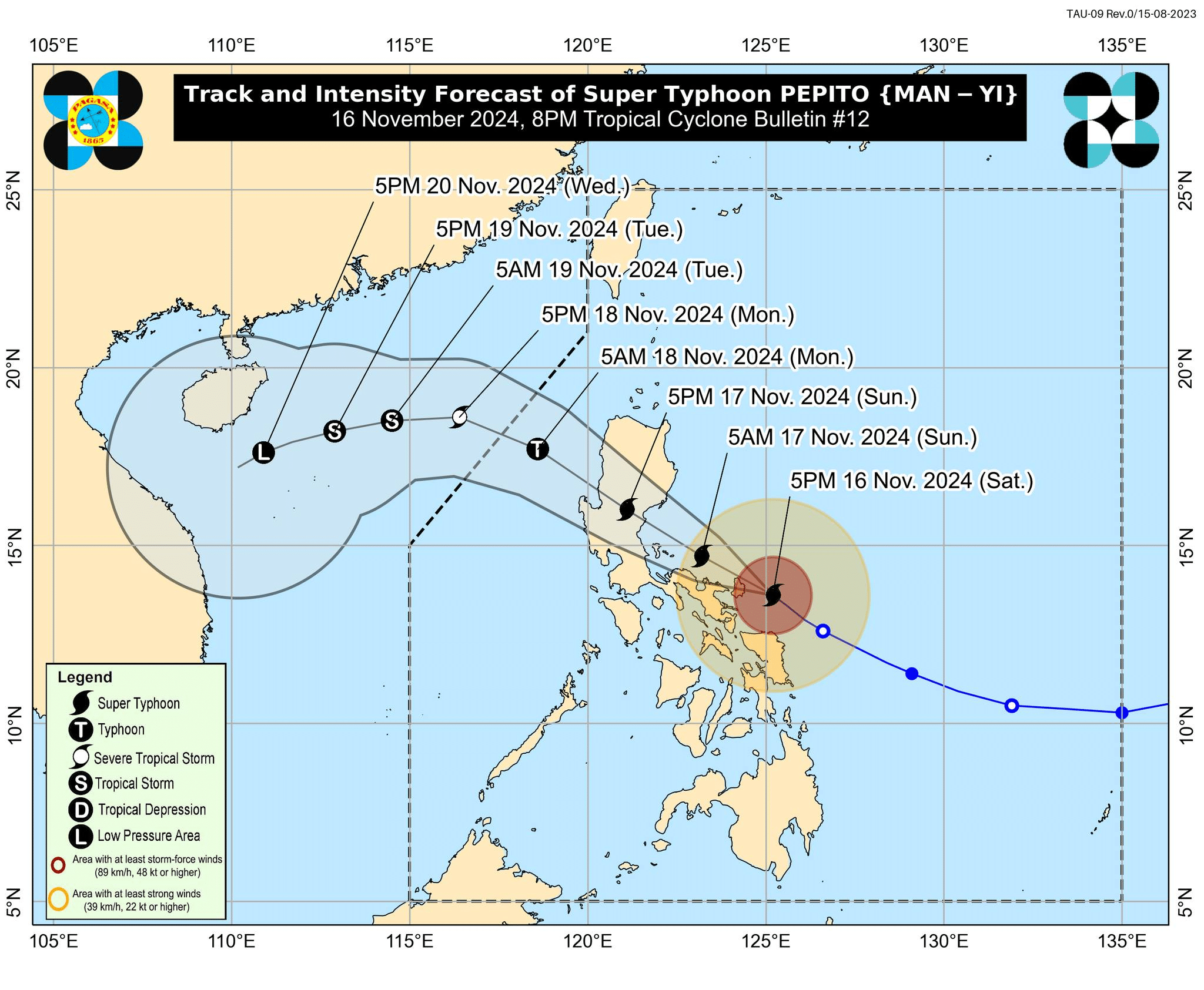 Track and intensity forecast of Super Typhoon Pepito (international name: Man-yi) as of 8 p.m. on Saturday, November 16, 2024. 