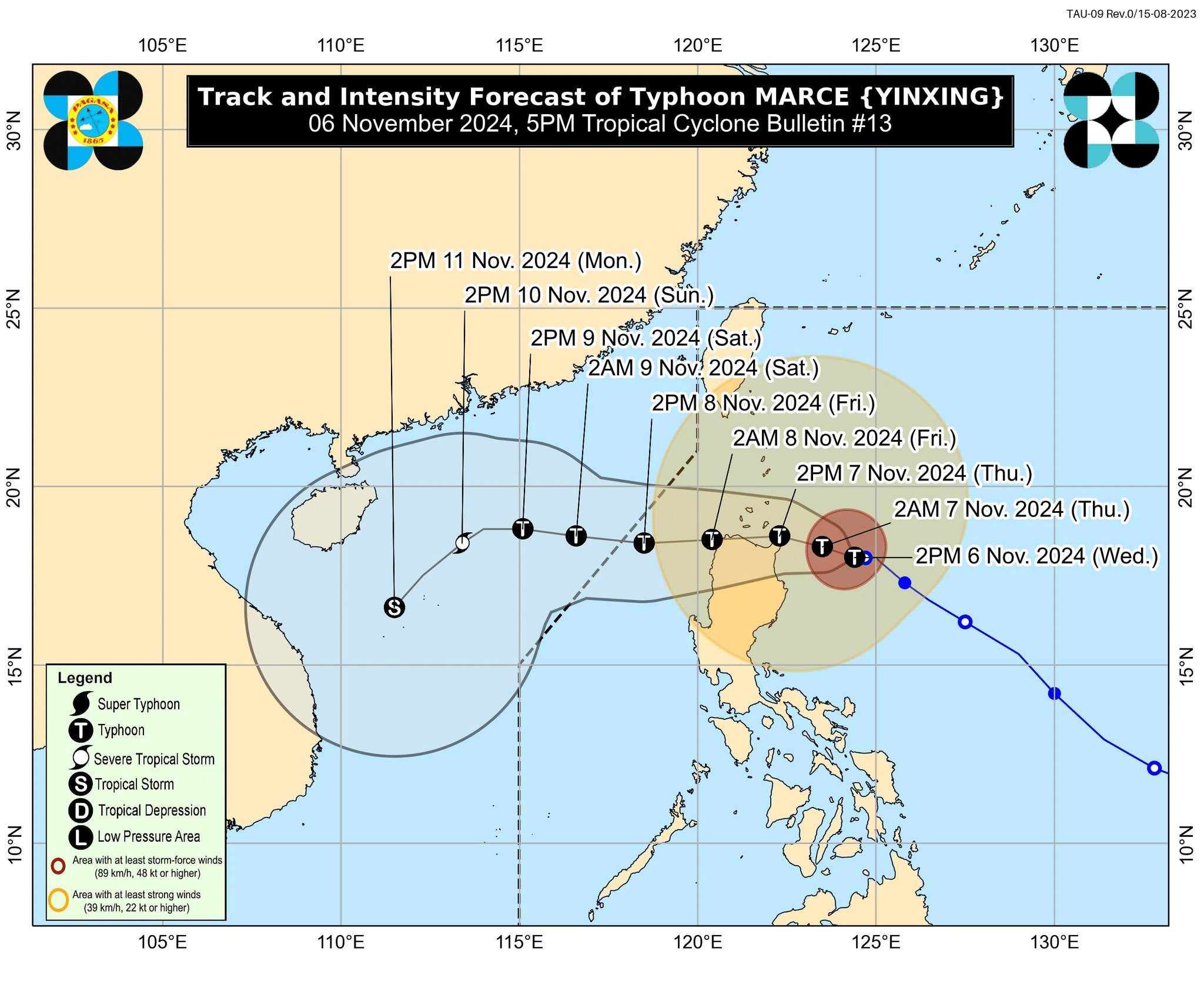 Track and intensity forecast of Typhoon Marce (international name: Yinxing) as of 5 p.m., Wednesday, November 6. 