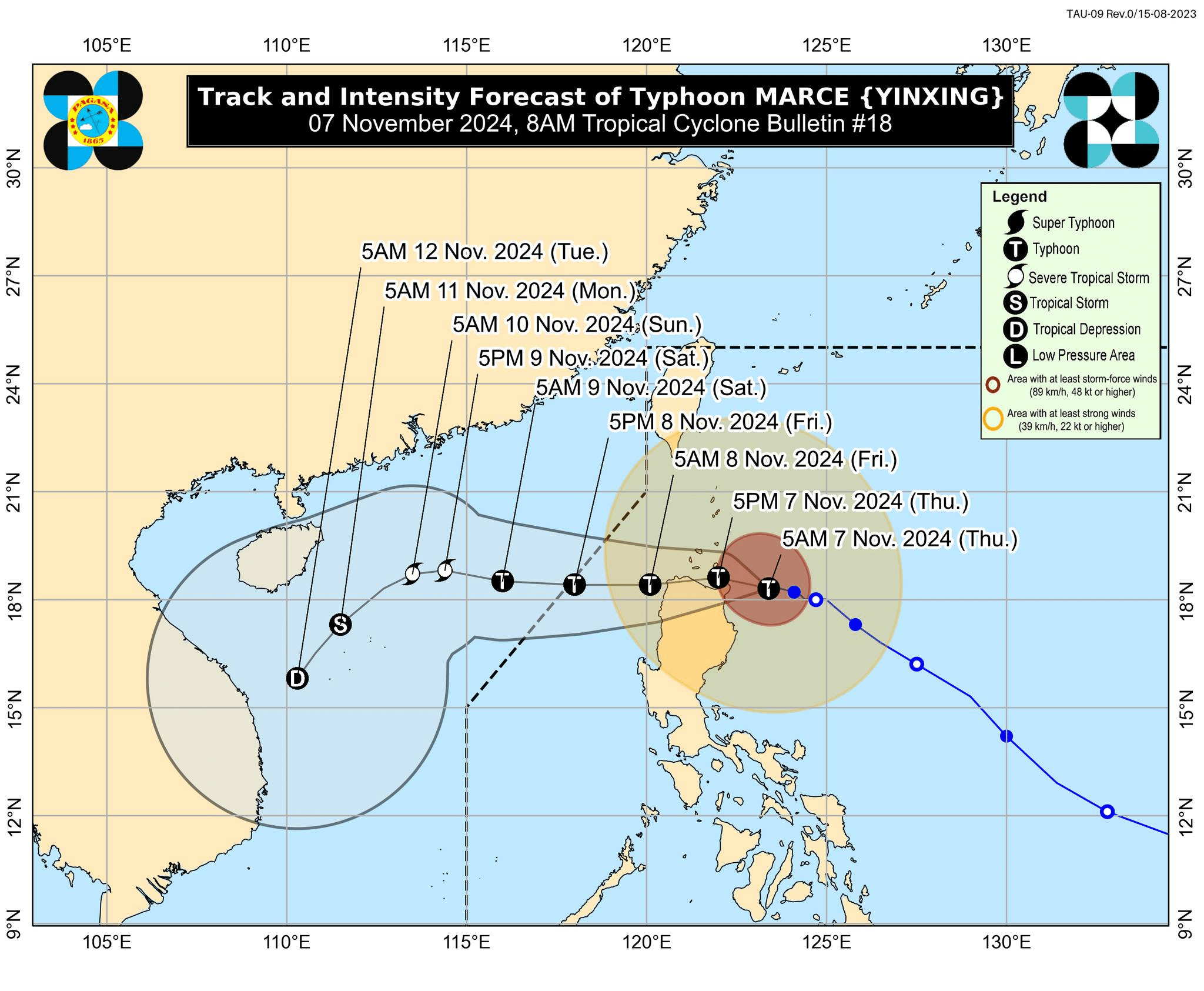 Track and intensity forecast of Typhoon Marce (international name; Yinxing) as of 8 a.m. on Thursday, November 7, 2024. (Photo by Pagasa/Facebook)