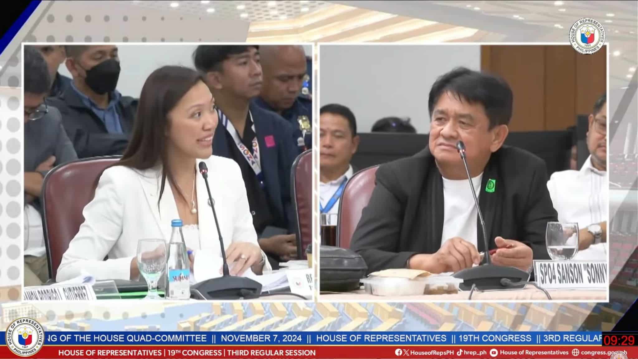 House Assistant Majority Leader Rep. Mika Suansing questions the honesty of former cop Sonny Buenaventura, long-time bodyguard and driver to former President Rodrigo Duterte, in his testimony at the quad committee’s 10th hearing on Thursday, Nov. 7.