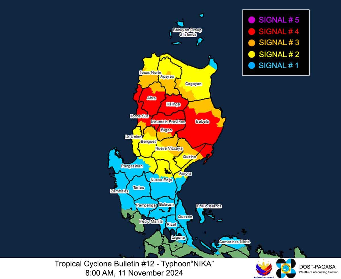 Typhoon Nika now stronger, prompts Signal No. 4 in 7 areas