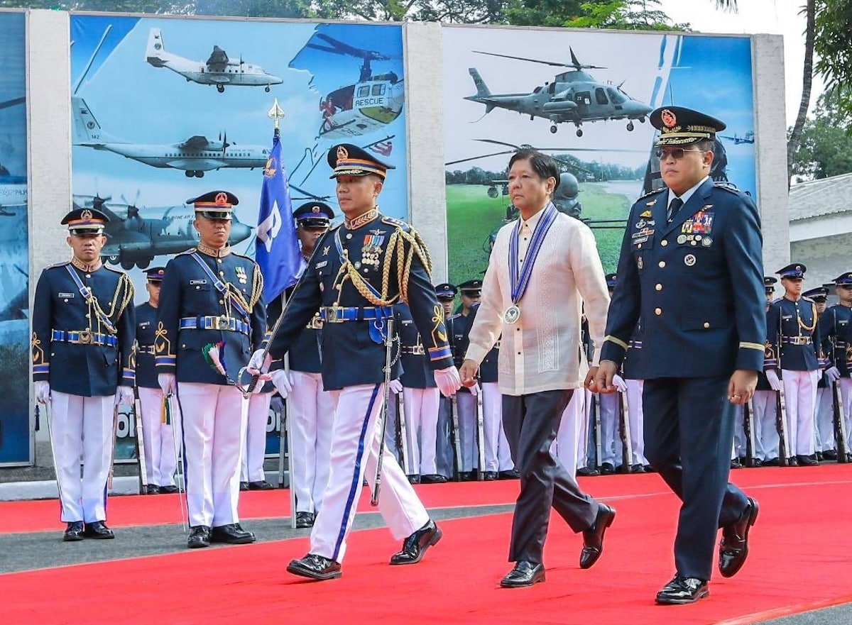 PHOTO: Ferdinand Marcos Jr. at PAF turnover rites with Lt. Gen. Stephen Parreño FOR STORY: Keep modernization a priority, Marcos tells PAF at turnover rites