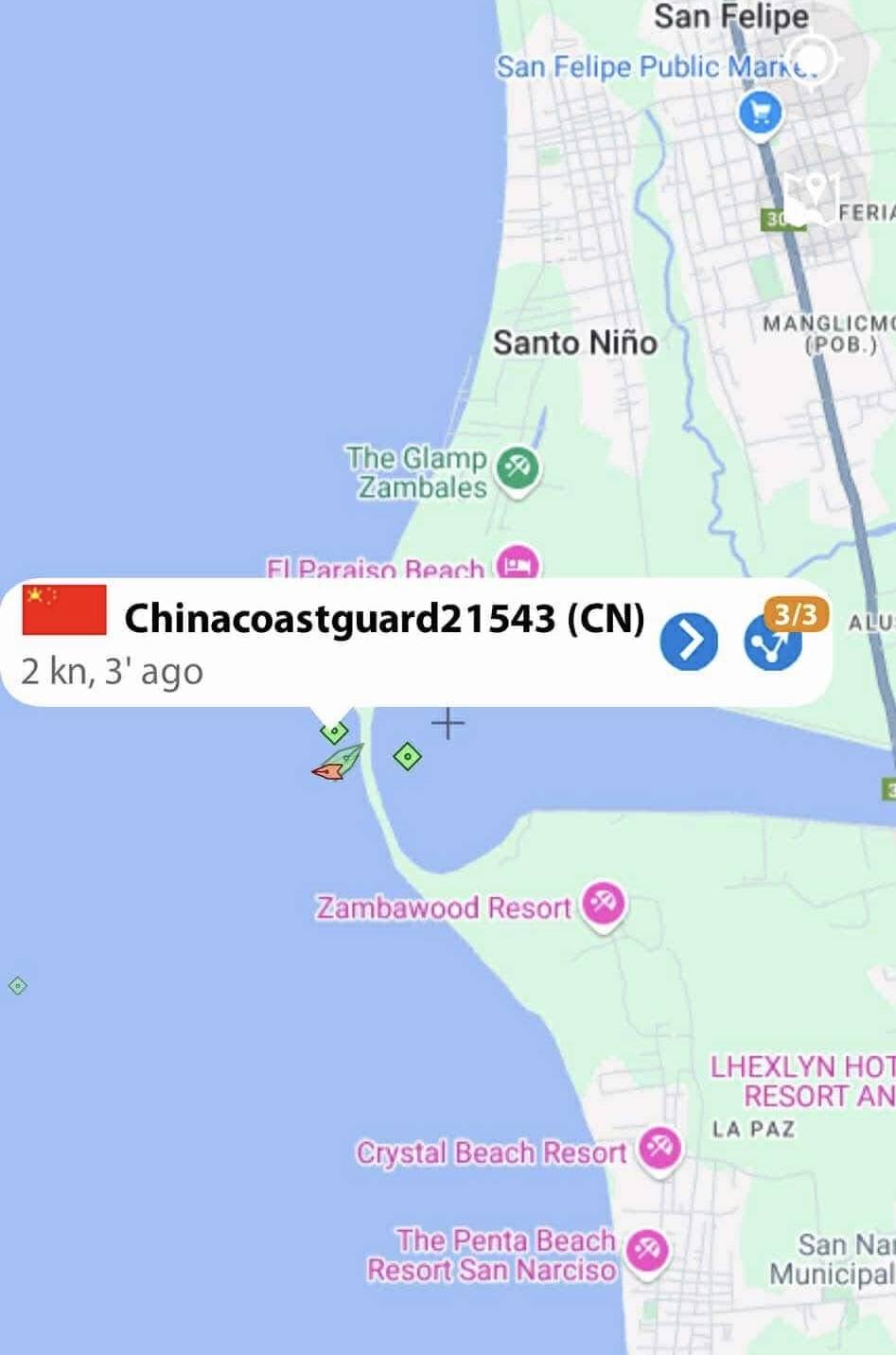 REDFLAG The appearance of “Chinacoastguard21543” in theirmarine tracker app has rattled residentswhomonitor dredging operations in San Felipe, Zambales. But the Philippine Coast Guard suspected it was probably just a glitch.—CONTRIBUTED PHOTO