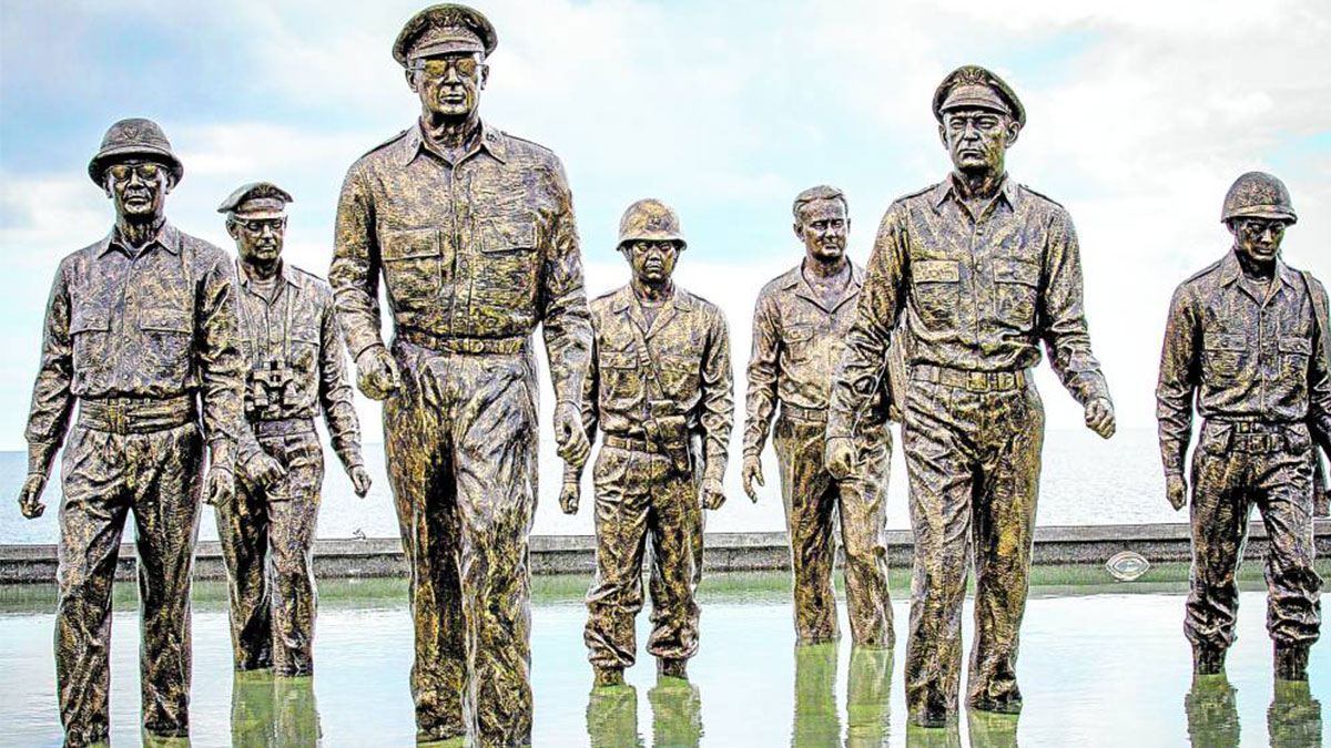 HISTORIC MOMENT IMMORTALIZED Leyte holds a significant place in Philippine history, highlighted by the landing on Oct. 20, 1944 of American forces led by Gen. Douglas MacArthur, an event commemorated with statues featuring MacArthur and President Sergio Osmeña, among others. This historic moment is memorialized at the MacArthur Leyte Landing National Memorial Park in Palo, Leyte. Local officials are now asking the Department of Defense to set up a naval base in the province due to its strategic location. - PHOTO COURTESY OF THE PHILLIPINE ARMY'S 8th INFANTRY DIVISION