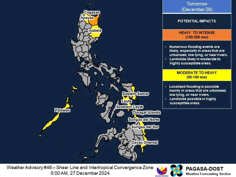 Heavy rainfall outlook for Saturday, December 28, 2024 (Photo from Pagasa / Facebook)