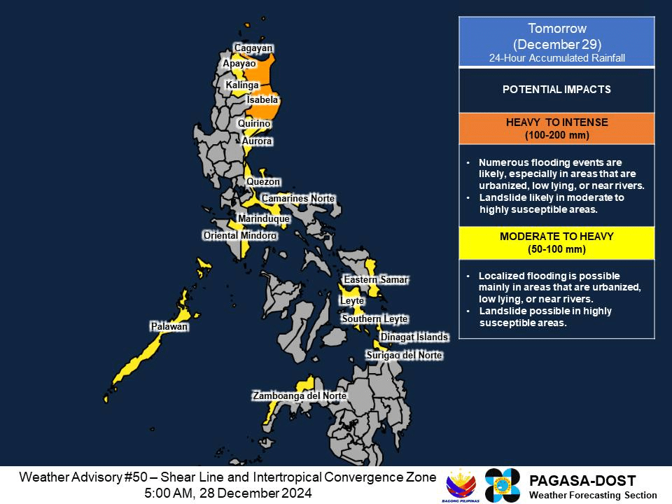 Heavy rainfall outlook for Sunday, December 29, 2024. (Photo by Pagasa / Facebook)